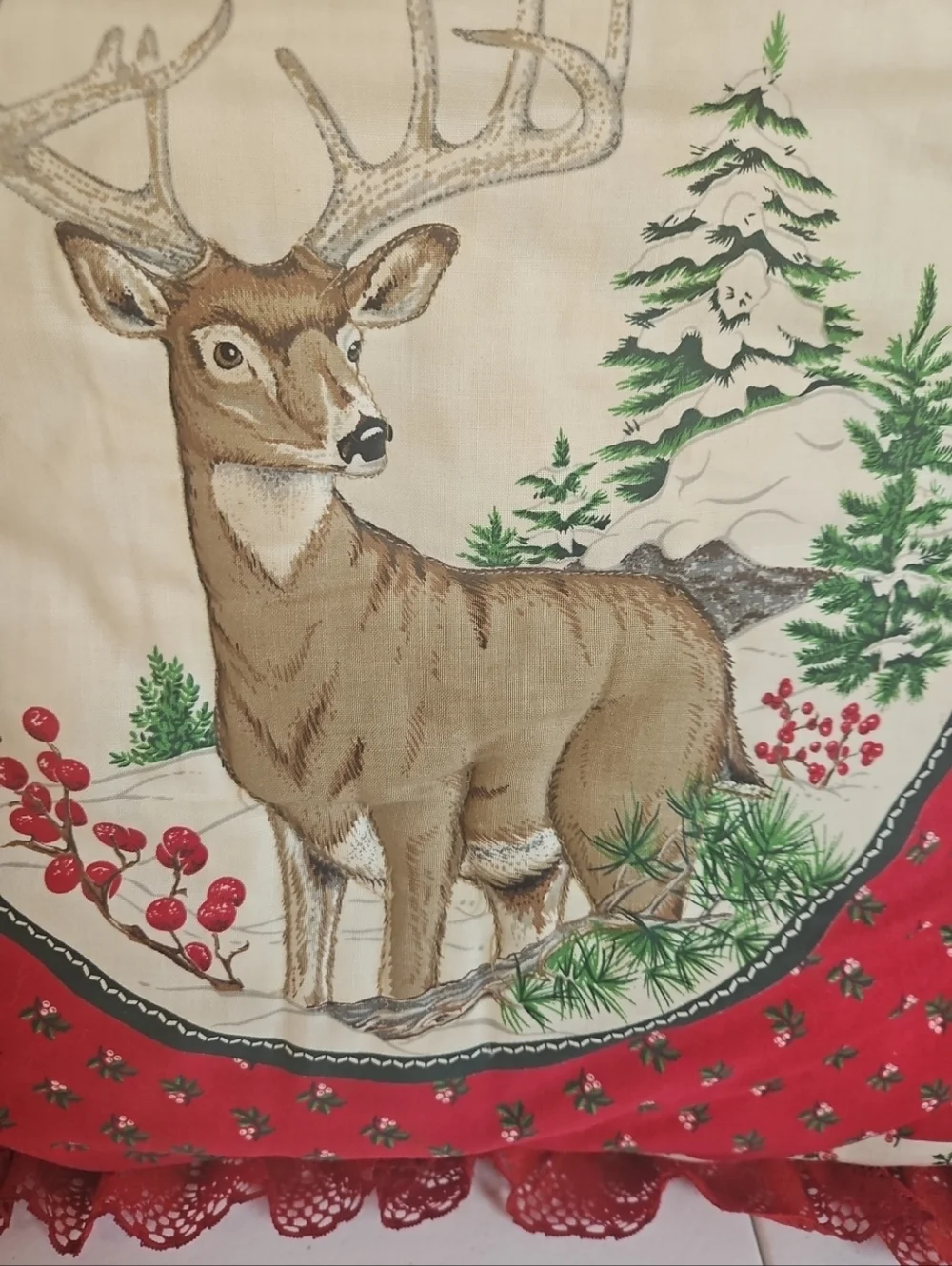 Vintage Christmas Pillow Handmade Double Sided 15” Buck Doe Deer Cardinals Lace